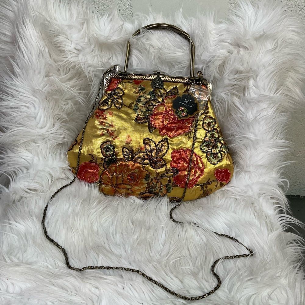 NEW IN’S Vintage Metallic Gold Floral Embroidered Coin Purse Clutch